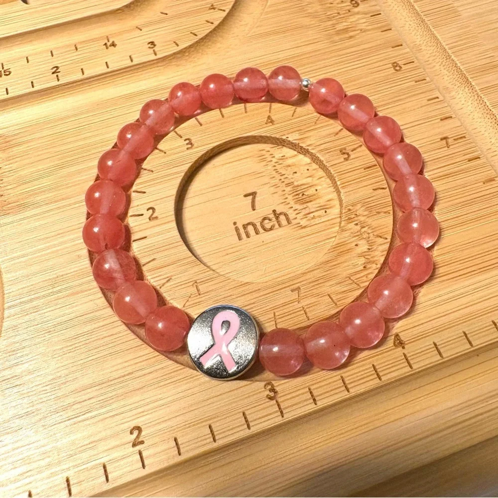 Breast Cancer Awareness Pink Ribbon Stretch Bracelet - Picture 2 of 3